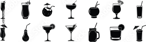 Black silhouettes of various cocktail glasses and drinks