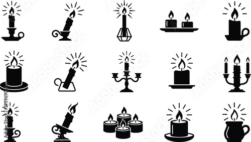 Candle Silhouette Icon Set Featuring Decorative Holders, Candelabra, and Stylized Flames for Creative Design Projects