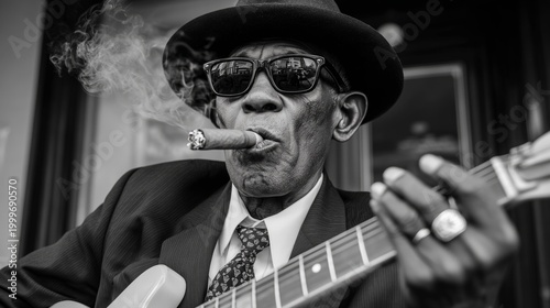 monochrome portrait older black man guitarist fedora sunglasses suit cigar smoke electric guitar fretboard