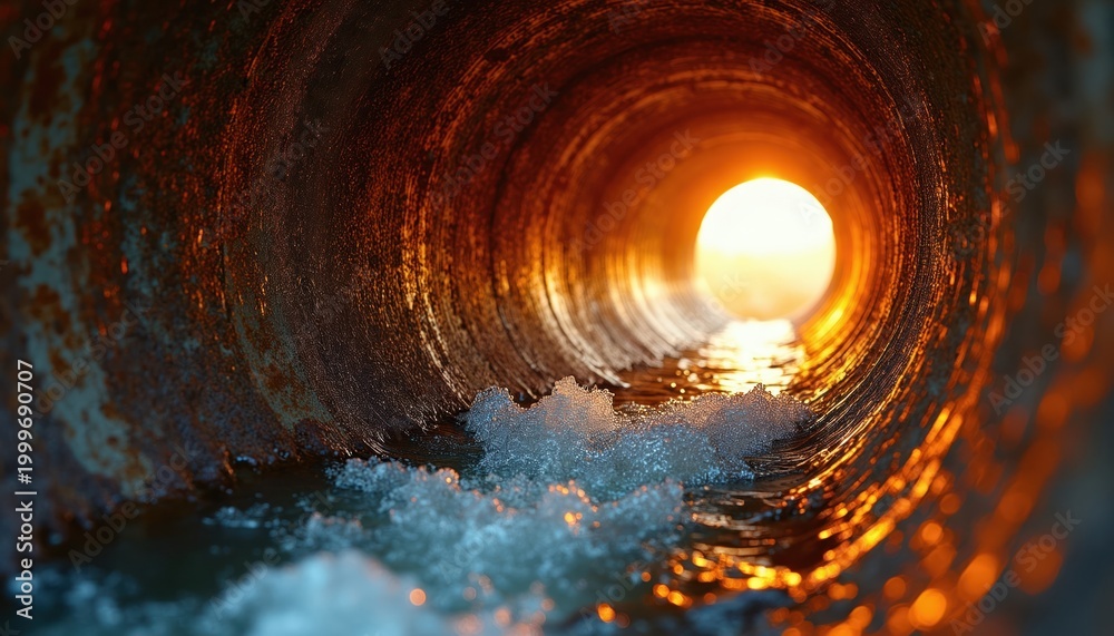 Fototapeta premium Inside old rusted pipe tunnel water flows toward bright light. Grungy industrial passage features textured walls with wet surface. setting with dramatic warm illumination.