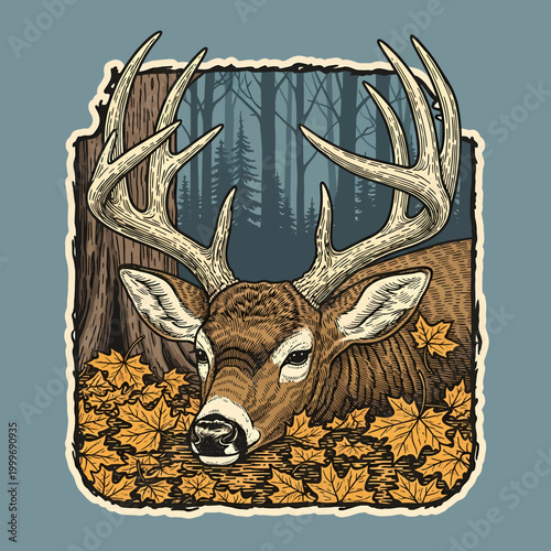 Whitetail deer buck in autumn forest with maple leaves vintage woodcut style illustration