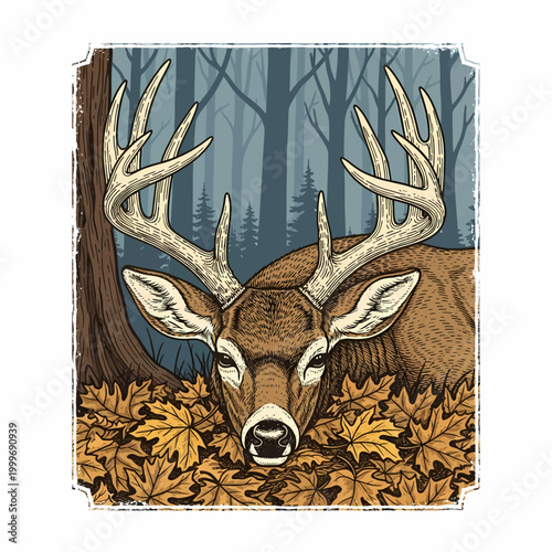 Whitetail deer buck in autumn forest with maple leaves vintage woodcut style illustration