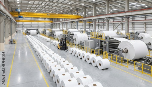 Industrial paper mill with large white paper rolls and manufacturing machinery