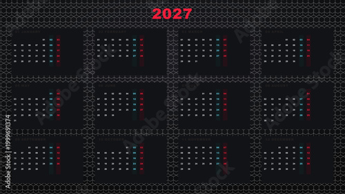 2027 Calendar Design, Modern Black Dark Theme Wall Calendar 2027, Annual Planner Layout, Minimalist Vector Monthly Calendar, 12 Month Grid Template, Dark Background Calendar, New Year 2027 Stationery.