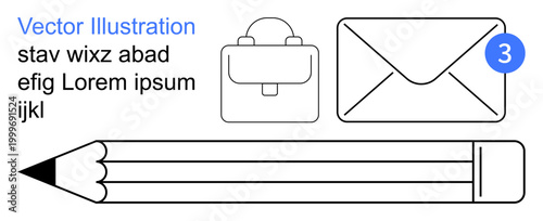 Education, business tools, communication, office setup, creativity, messaging. Minimalistic outline design a pencil, briefcase and envelope with a notification. Education and business tools concept