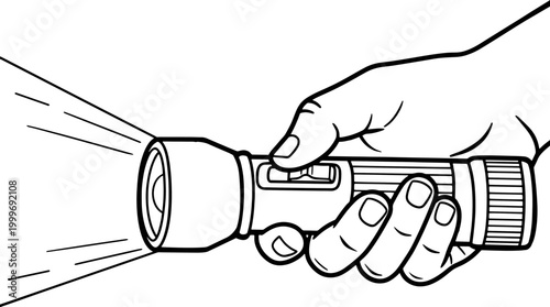 Hand holding a flashlight line vector illustration isolated on white background