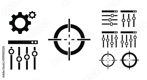 set of ui controls including sliders gears and crosshairs in black silhouette high quality professional detailed modern elegant stylish clean crisp