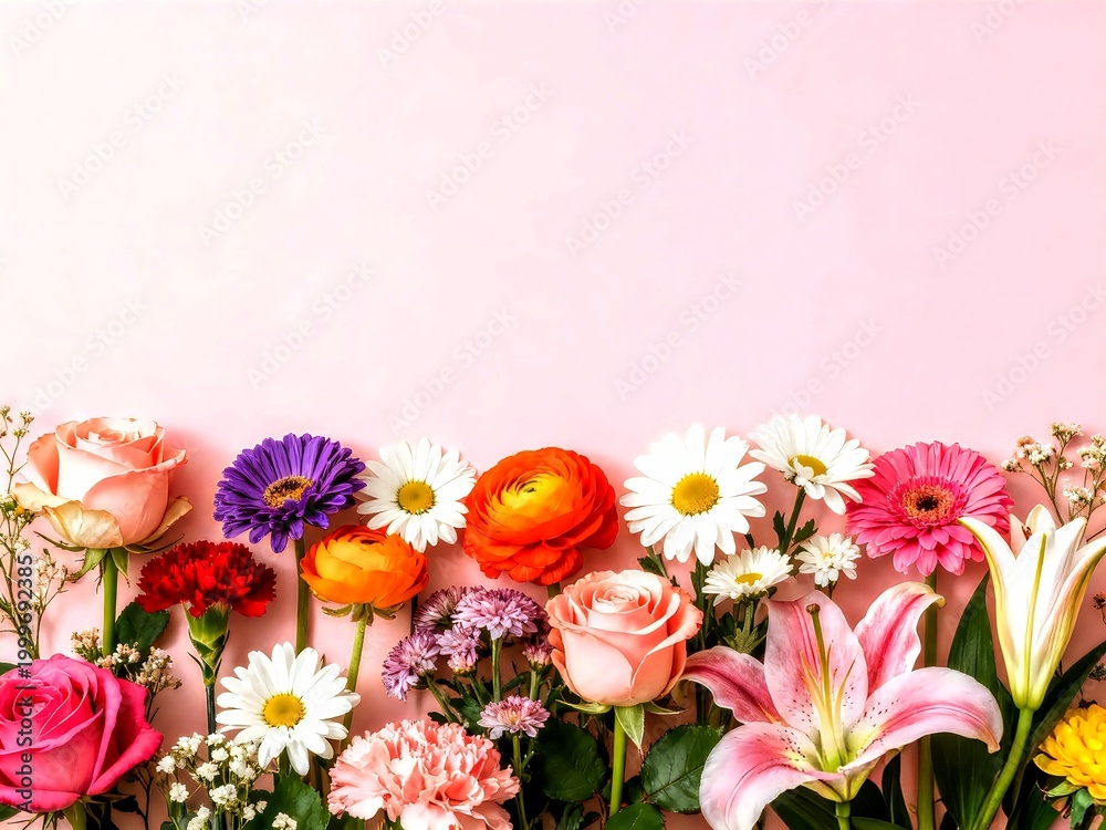 Fototapeta premium Collection of beautiful fresh flowers on pink background