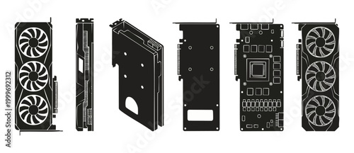 Graphics Card Icons Vector Set, PC Gaming GPU Hardware Components Silhouette for Tech Infographic, Detailed Computer Video Card Cooling Fans and Circuit Board Diagrams for Hardware Repair and Design
