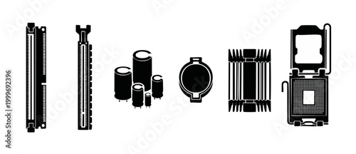 Computer Hardware Components Icons Set - RAM Slots, Capacitors, Heat Sink and CPU Socket - Professional Tech Vector Illustration for Circuit Board Design, Motherboard Repair and Electronics Infrastruc