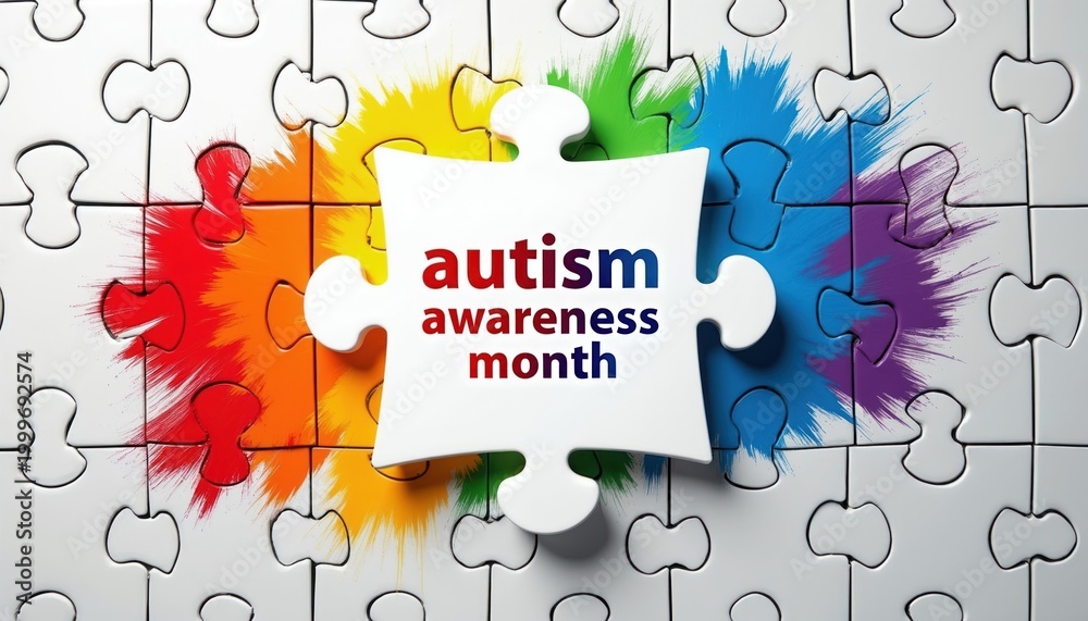 Fototapeta premium Puzzle pieces form a background with rainbow paint splashes. Central puzzle piece reads autism awareness month. Support, understanding, and acceptance concept.