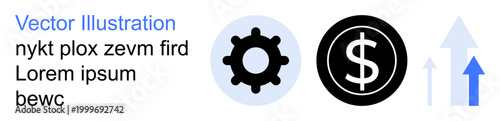 Business growth, financial management, economic trends, innovation, strategic planning, data analytics. Gear and dollar sign with two upward arrows. Business growth and financial management concept