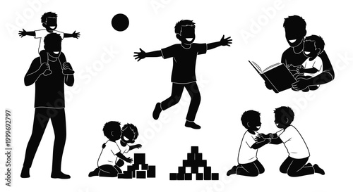 family activities silhouettes in black and white silhouette high quality professional detailed modern elegant stylish clean crisp vibrant colorful digital creative