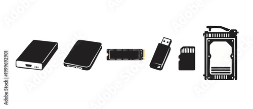 Computer Storage Devices Icons Set, Hard Drive SSD and USB Flash Drive Symbols for Digital Data Backup and Hardware Infrastructure, Black Vector Collection of Peripheral Equipment for Technology Conce