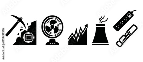 Cryptocurrency Mining Process Icons Set: Digital Assets, Cooling Fan, Market Growth, Energy Consumption, Hardware and Blockchain Connectivity for Fintech, Business and Web Development Infographic Grap