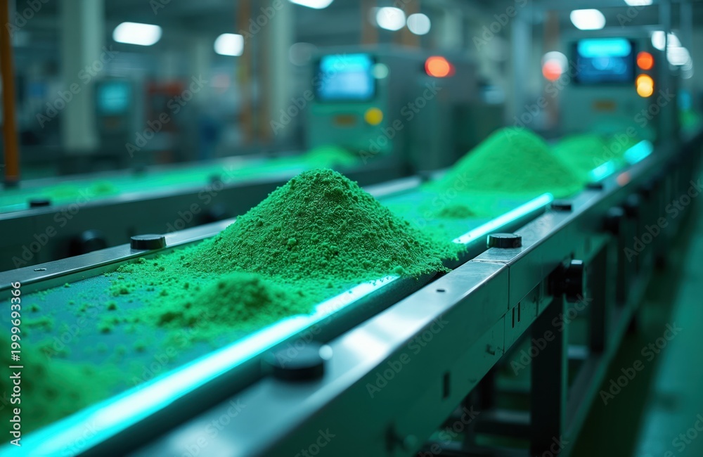 Fototapeta premium Green powder moves on automated conveyor belt in modern factory. Futuristic production line processes materials. Machines and screens show data analytics, advanced tech.