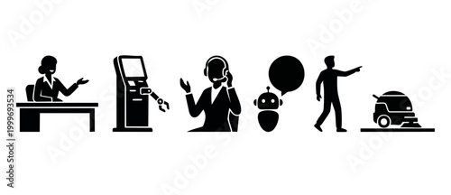 Customer Service Icons Set with Robot Automation, Receptionist, and Technical Support. Modern Business Workflow Symbols for Digital Interfaces, Professional Assistance, Facility Maintenance and Kiosk
