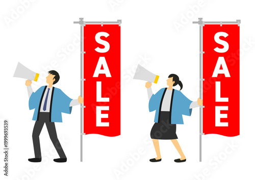 赤いセールののぼりとメガホンを持つ水色の法被を着た男性と女性の店員のセット
