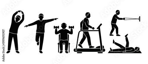 Senior fitness exercises icon set, elderly people physical therapy activity, active aging workout silhouettes for health recovery, geriatric gymnastics, rehabilitation training program infographic ele