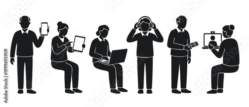 People using technology silhouette set, seniors and adults with digital devices, smartphone, tablet, laptop, headphones, video call, remote control, flat vector icons for modern communication concept