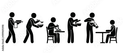 Restaurant Service Icons Set, Serving Food and Dining People Figures. Professional waiter tasks, client eating at table, pouring water, and kitchen staff operations in simple black pictogram style des
