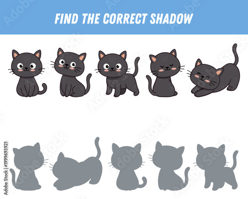Find correct shadow of cartoon cat. Educational logical game for kids. Funny kitten. Vector illustration
