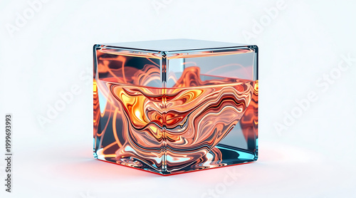 Luxury chrome cube partially filled with swirling molten liquid reflections, glossy glass surface and warm orange highlights creating dramatic
