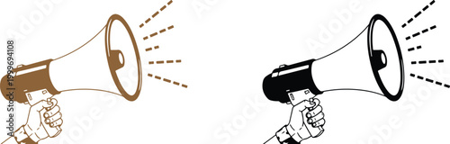 Two hands holding megaphones with sound waves emitting from them in brown and black colors on transparent background for communication and announcement purposes