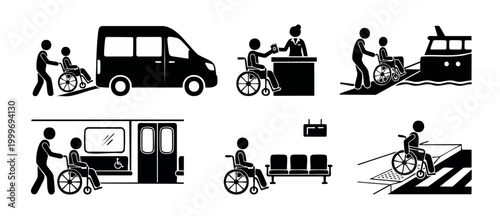 Wheelchair accessible travel icons set, assistance for disabled people using transport, van boarding, ferry ramp, train, and airport check-in pictograms for inclusive public infrastructure design and