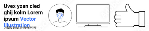 Technology, AI recognition, online approvals, identity verification, facial mapping, UI design. Facial map on a person, monitor display thumbs-up gesture. AI recognition and online approvals concept