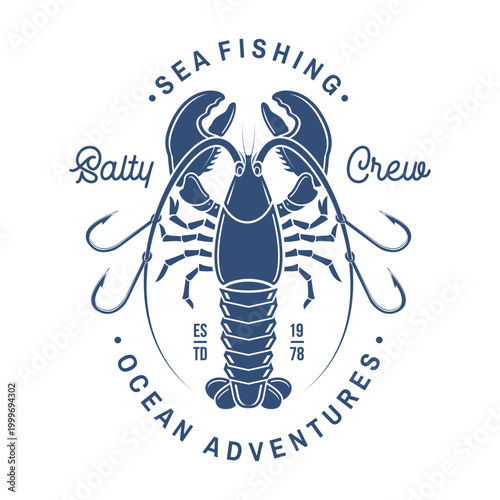 Lobster fishing badge vector illustration salty crew ocean adventures nautical emblem for t shirt print sticker marine design isolated background