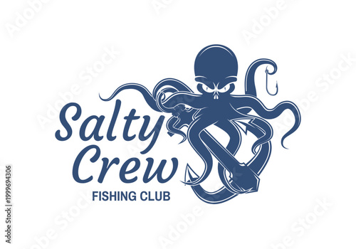 Octopus fishing club illustration with anchor salty crew nautical marine emblem vector design for t shirt print sticker ocean life isolated background