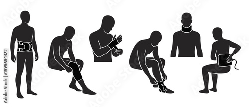 Medical Injury Support Orthopedic Braces Silhouette Set, Patient Rehabilitation Recovery Treatment Icons, Back Knee Ankle Wrist Cervical Collar Heat Pad Healthcare Physical Therapy Body Pain Managemen
