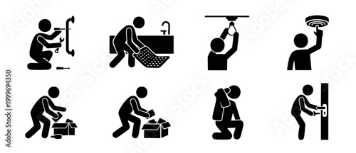 Home maintenance icons set, repair tasks and domestic chores vector illustration. Handyman fixing equipment, changing lightbulb, installation work, safety check and housework activities black glyph sy