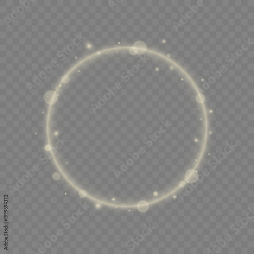 Shiny gold circular halo with intense glow and glittering star dust. Premium 3D ring element for luxury ads, award designs and futuristic compositions.