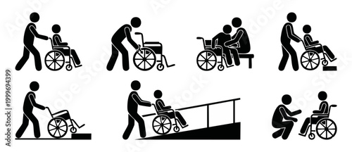 Wheelchair user assistance icons set, disability care and accessibility guide. Simple black stick figure pictograms showing helping people in wheelchairs with ramps, stairs, and daily mobility support