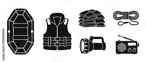 Flood Emergency Survival Kit Icons Set with Raft, Life Vest, Rope, Sandbags, Flashlight, and Radio for Disaster Preparedness, Safety Gear, Evacuation Equipment, and Relief Supplies Vector Collection