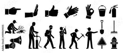 Firefighter and Rescue Icons Set: Hand Gestures, Emergency Tools, and Professional Forestry Worker Silhouettes for Safety Training, Incident Response, and Wildland Management Graphic Design Projects