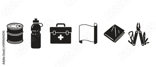 Survival Kit Icons Set, Emergency Preparedness Gear Vector Illustration. Essential disaster supply symbols including canned food, water bottle, medical kit, thermal blanket, tarp, and multi-tool equip