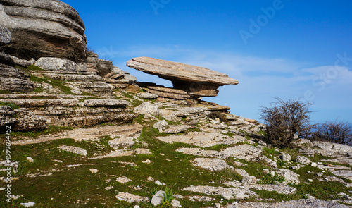 Fotografie Balancing limestone rock formation in El Torcal de Antequera, unique karst lands