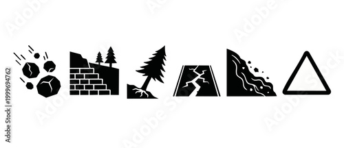 Natural Disaster Warning Icons Set: Rockfall, Landslide, Soil Erosion, and Earth Crack Symbols for Safety Signage, Geological Risk Assessment, and Environmental Hazard Alert Vector Graphic Illustratio