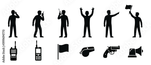 Security Guard Icons Set, Communication and Emergency Equipment Silhouettes, Professional Safety Personnel Actions and Tools Collection for Reporting, Policing, Crowd Control, and Surveillance Vector