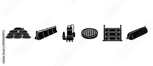 Flood Protection Equipment Icons Set, Emergency Water Barrier and Drainage Tools, Professional Flood Control Vector Graphics for Disaster Management Planning and Safety Infrastructure Systems Design