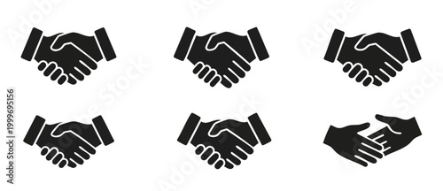 Handshake icon set, business deal and agreement symbol, collection of professional partnership signs in flat black style for web UI and corporate communication design isolated on white background
