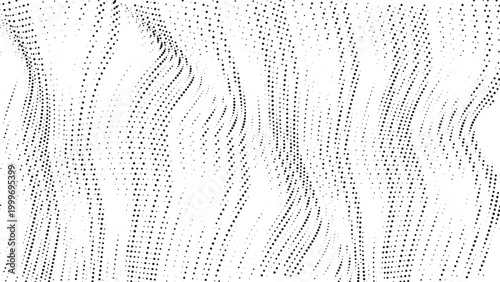 Wavy halftone dot columns with flowing motion, abstract monochrome particle texture background for digital design, technology, and dynamic data visualization