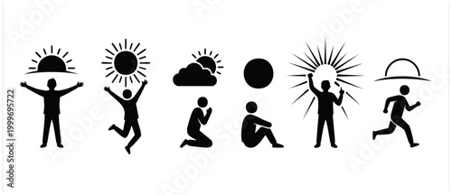 People and Sun Icons Set, Human Poses with Solar Elements, Set of Black Vector Symbols Representing Happiness, Energy, Spirituality, Exercise, Fitness, Success, and Mindfulness in Minimalist Style.