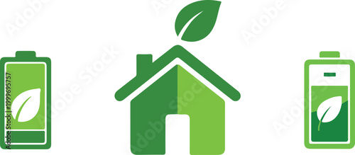 Green energy home sustainable living with battery indicators and leaf motifs