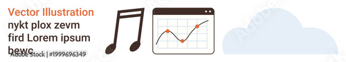 Data analysis, cloud computing, music technology, digital trends, data visualization, and online integration. Music note, graph on a browser and a cloud icon. Data visualization and cloud computing