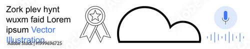 Cloud computing, voice recognition, data storage, digital access, technology innovation, user authentication. Badge, cloud microphone with sound waves. Cloud computing and voice recognition concept