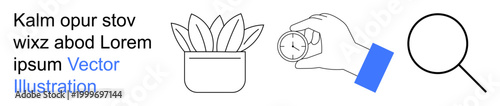 Time management, productivity tracking, organizational tools, growth concepts, analysis, efficiency. Hand holding a timer, plant in pot magnifying glass. Time management and productivity tracking